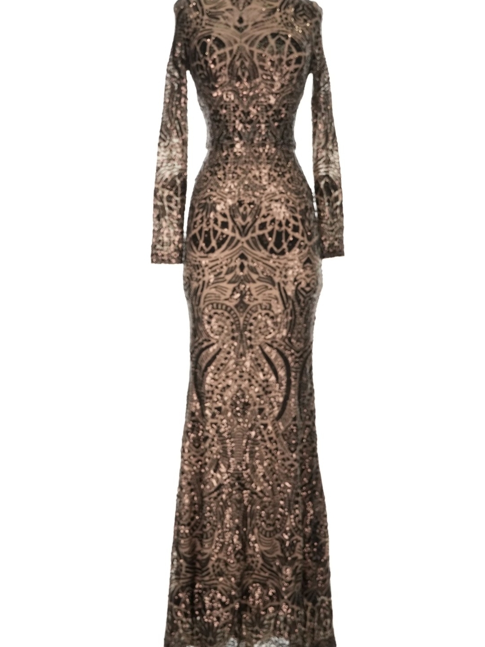 Betsy & Adam Long Sleeve Sequin Gown in Rose Gold